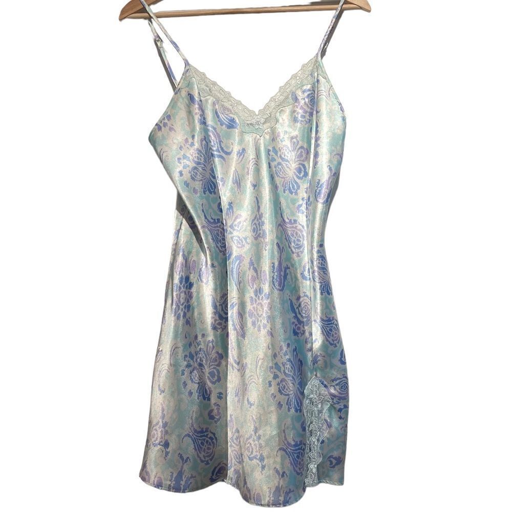 Adonna Satiny Purple Blue Floral Lace Cami Silky Smooth Slit Mini Slip Dress
